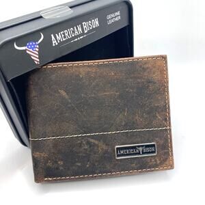 American Bison Bifold Wallet Men Distressed Dark Brown Genuine Leather NIB